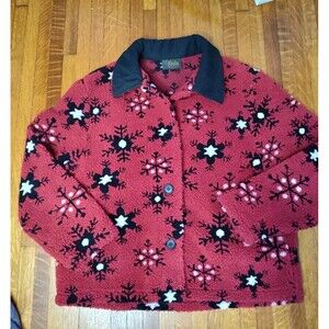 vintage david paul women's fleece Teddy jacket size large red snowflake winter